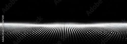 Endless field of glowing white dots arranged in rows on a black background creating a futuristic and mesmerizing digital landscape