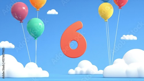 Colorful Balloons and Clouds Surround Red Number Six in a 3D Render
