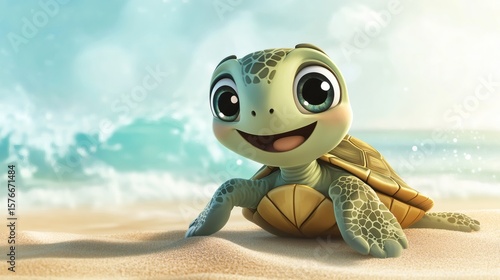 Fototapeta Naklejka Na Ścianę i Meble -  A smiling cartoon turtle sits on a sandy beach near the ocean