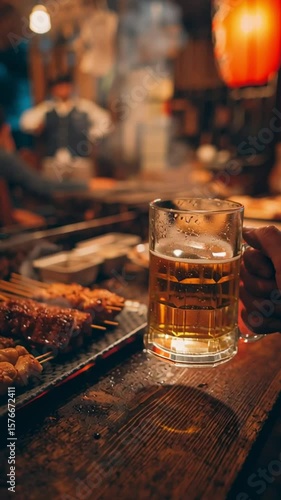 Grilling Yakitori Skewers and Beer at a Dimly Lit Japanese Restaurant