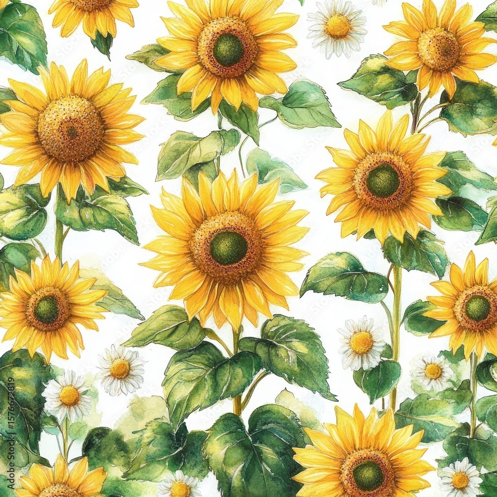 Obraz premium Bright yellow sunflowers blooming amidst green leaves with small white daisies on a light background, evoking a cheerful and lively summer garden scene