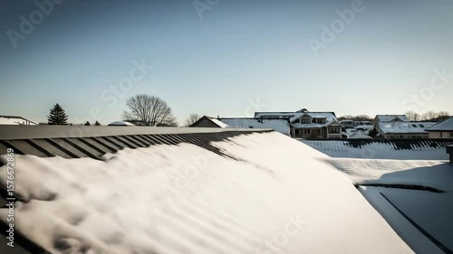 Snow Sliding Off Metal Roof in Winter Suburb