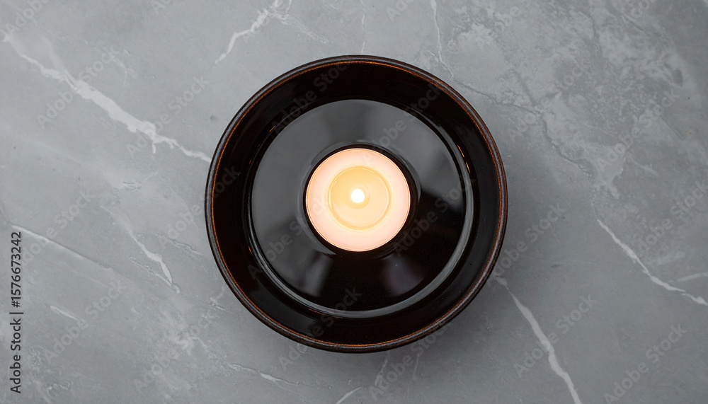 Obraz premium Overhead view of a lit candle in a dark ceramic bowl on a marble surface.