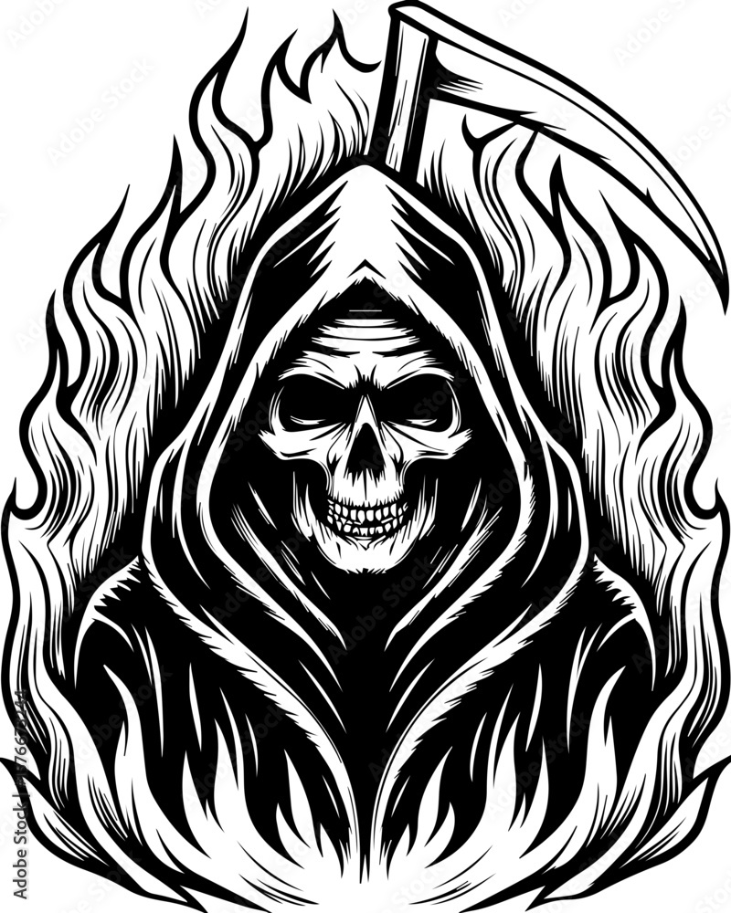 SVG of a cyber reaper with a skull motif, designed for edgy tattoo art. Grim Reaper Surrounded by Flames in Monochrome Artwork Design SVG of a cyber reaper with a skull motif, designed for edgy tattoo art. Grim Reaper Surrounded by Flames in Monochrome Artwork Design