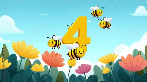Playful Cartoon Bees and Number Four in a Colorful Floral Garden