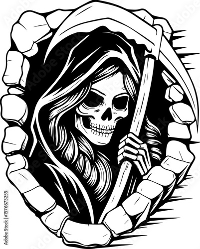 SVG of a cyber reaper with a skull motif, designed for edgy tattoo art. Grim Reaper with Scythe Emerging from a Stone Wall Illustration