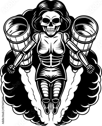 SVG of a cyber reaper with a skull motif, designed for edgy tattoo art. Skeleton Woman with Jetpack in Stylized Black and White Illustration