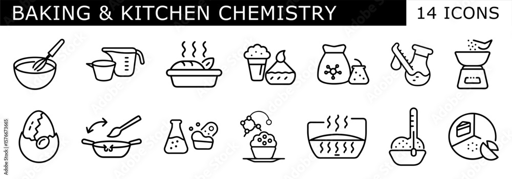 A set of 14 outline icons on Baking & Kitchen Chemistry, showing tools and processes like mixing, measuring, and reactions. Ideal for planners, worksheets, and culinary education. A set of 14 outline icons on Baking & Kitchen Chemistry, showing tools and processes like mixing, measuring, and reactions. Ideal for planners, worksheets, and culinary education.