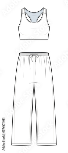 Women’s Sports Bra and Sweatpants Technical Fashion Flat. Activewear Vector Template. Front design. Scoop Neck Sports Bra. High-Rise Sweatpants. Minimalist Fit. CAD Mockup set.