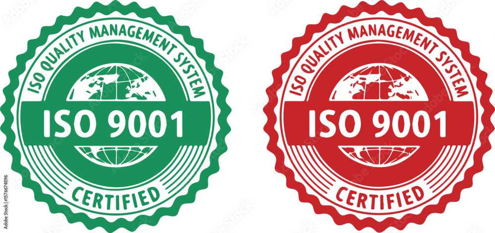 Obraz premium ISO 9001 certified quality management system badge in green and red on white background