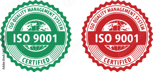 ISO 9001 certified quality management system badge in green and red on white background