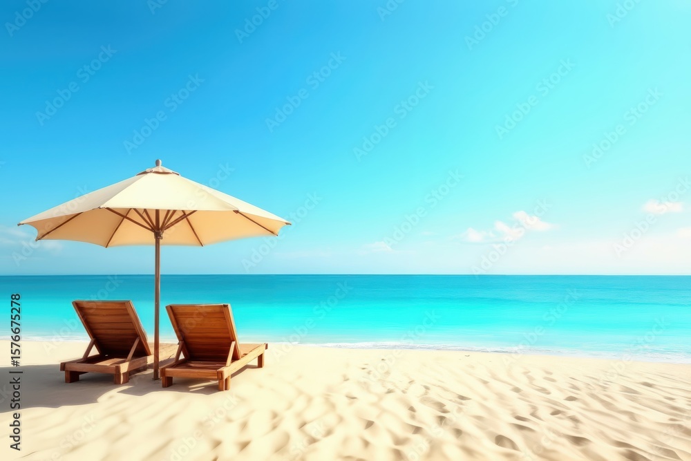 Fototapeta premium Close-up of colorful sun umbrella and sun loungers on sea, ocean background. Vacation, travel, tourism, background, screensaver