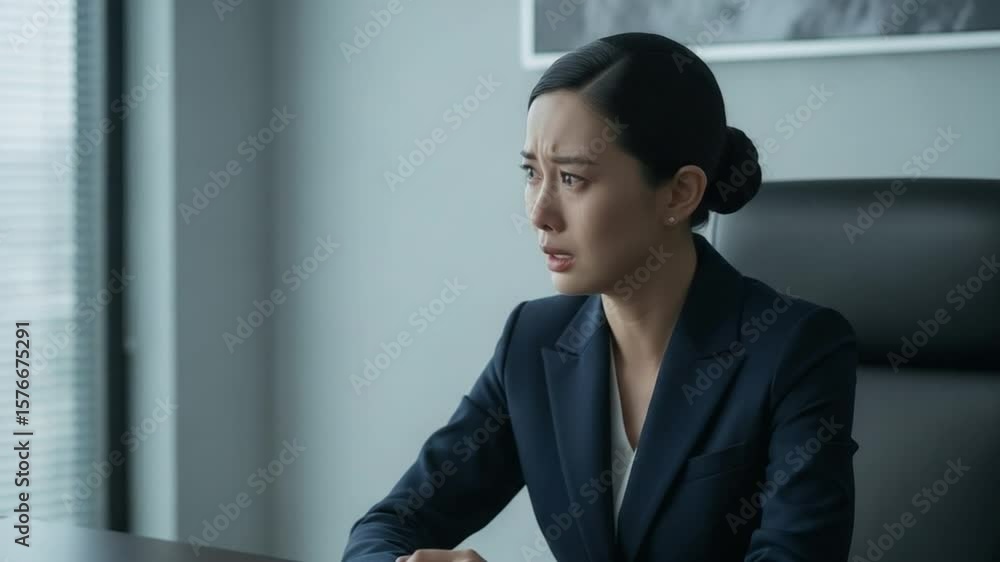 Concerned Young Businesswoman in Corporate Office: Pensive Female Executive in Formal Suit with a Worried Expression, Reflecting on a Serious Situa... Concerned Young Businesswoman in Corporate Office: Pensive Female Executive in Formal Suit with a Worried Expression, Reflecting on a Serious Situa...