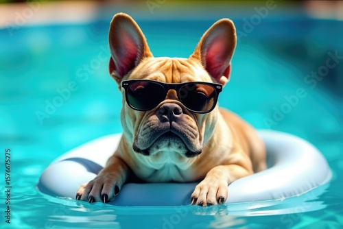 Funny animal summer holiday vacation travel photography banner background - French bulldog dog with sunglasses, lying on air mattress, relaxing chilling in the swimming pool water