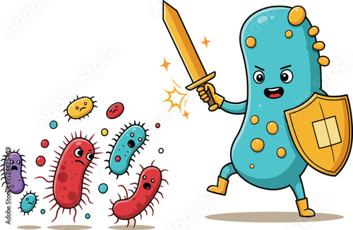 A cartoon depiction of a large, blue microbe defending itself with a sword and shield against smaller, colorful microbes.