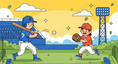 Adobe illustrator artwork vector illustration of two girls playing baseball, one batting and the other catching, on a sunny field. Ideal for youth sports, active lifestyles, and teamwork themes.
