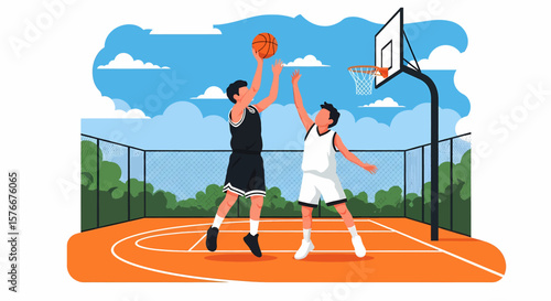 Adobe illustrator artwork vector illustration of two boys playing basketball on an outdoor court, one dribbling and the other defending, under a bright sky. Perfect for sports, youth, and active lifes