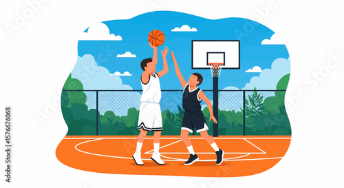 Adobe illustrator artwork vector illustration of two boys playing basketball on an outdoor court, one dribbling and the other defending, under a bright sky. Perfect for sports, youth, and active lifes