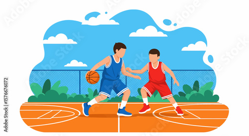 Adobe illustrator artwork vector illustration of two boys playing basketball on an outdoor court, one dribbling and the other defending, under a bright sky. Perfect for sports, youth, and active lifes