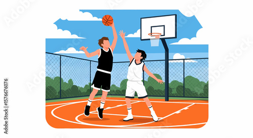 Adobe illustrator artwork vector illustration of two boys playing basketball on an outdoor court, one dribbling and the other defending, under a bright sky. Perfect for sports, youth, and active lifes