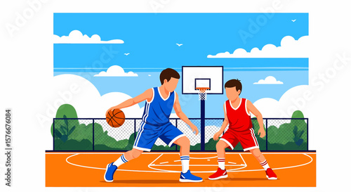 Adobe illustrator artwork vector illustration of two boys playing basketball on an outdoor court, one dribbling and the other defending, under a bright sky. Perfect for sports, youth, and active lifes