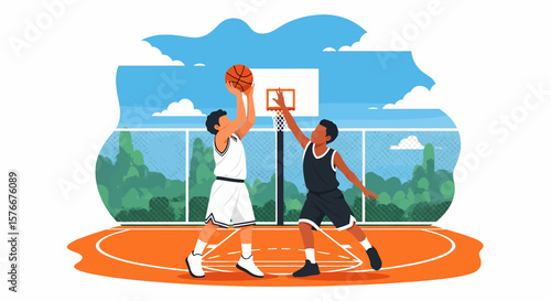 Adobe illustrator artwork vector illustration of two boys playing basketball on an outdoor court, one dribbling and the other defending, under a bright sky. Perfect for sports, youth, and active lifes