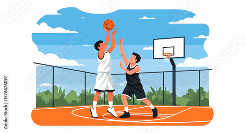 Adobe illustrator artwork vector illustration of two boys playing basketball on an outdoor court, one dribbling and the other defending, under a bright sky. Perfect for sports, youth, and active lifes