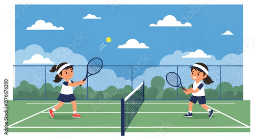 Adobe illustrator artwork vector illustration of two kids playing tennis, a boy hitting the ball and a girl ready to return. Ideal for sports, children's activities, and healthy lifestyle themes.