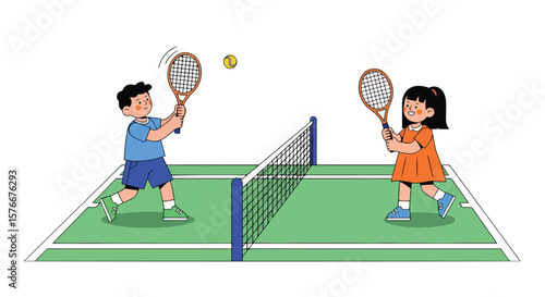 Adobe illustrator artwork vector illustration of a boy and a girl playing tennis on a court, with the boy hitting the ball over the net. Ideal for children's sports, active lifestyles, and fitness