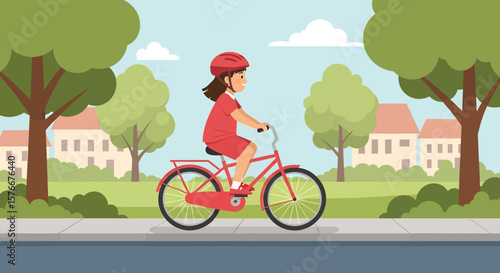 Adobe illustrator artwork vector illustration of a girl safely riding her bicycle with a helmet on a road, with houses and trees in the background. Ideal for themes of healthy lifestyle and outdoor