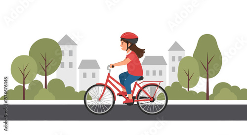 Adobe illustrator artwork vector illustration of a girl safely riding her bicycle with a helmet on a road, with houses and trees in the background. Ideal for themes of healthy lifestyle and outdoor