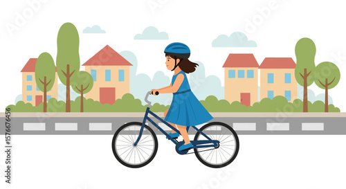 Adobe illustrator artwork vector illustration of a girl safely riding her bicycle with a helmet on a road, with houses and trees in the background. Ideal for themes of healthy lifestyle and outdoor