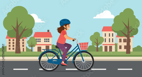 Adobe illustrator artwork vector illustration of a girl safely riding her bicycle with a helmet on a road, with houses and trees in the background. Ideal for themes of healthy lifestyle and outdoor