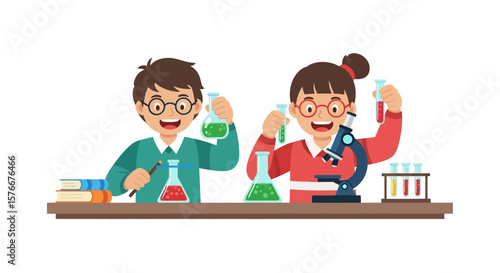 Adobe illustrator artwork vector illustration of two happy girls conducting exciting science experiments with test tubes, flasks, and a microscope on a lab table. Perfect for education and discovery
