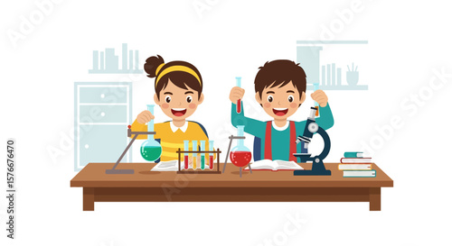 Adobe illustrator artwork vector illustration of two happy girls conducting exciting science experiments with test tubes, flasks, and a microscope on a lab table. Perfect for education and discovery