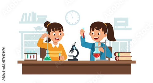 Adobe illustrator artwork vector illustration of two happy girls conducting exciting science experiments with test tubes, flasks, and a microscope on a lab table. Perfect for education and discovery