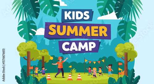 Adobe illustrator artwork vector illustration of kids participating in outbound activities at a summer camp, guided by an instructor, perfect for themes of team building and outdoor fun.