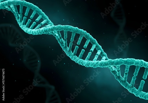 A teal dna double helix strand is floating in a dark background