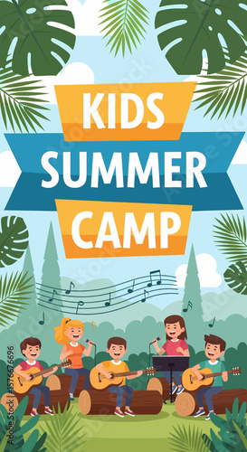Adobe illustrator artwork vector illustration of a joyful kids summer camp scene with children playing guitars and singing, perfect for music and outdoor activity themes.