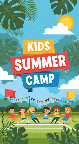 Adobe illustrator artwork vector illustration of a lively kids summer camp tug-of-war game, emphasizing fun outbound activities and teamwork under the sunny sky.