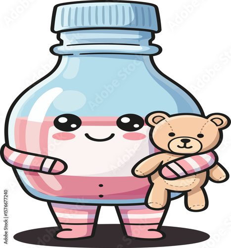 Cute cartoon bottle character holding a teddy bear, wearing pajamas.