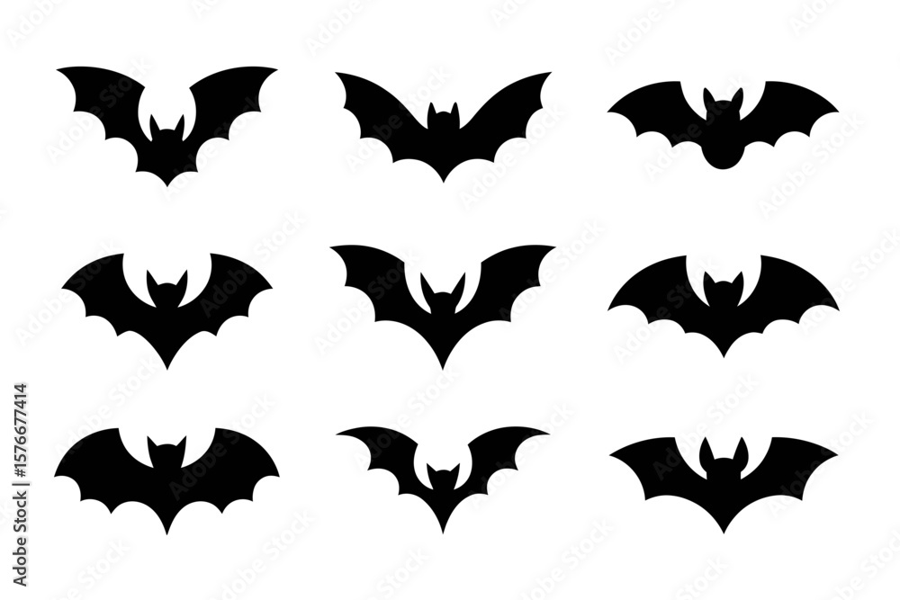 Naklejka premium Flying Bat Silhouette Icon Set for Halloween Vector Clipart