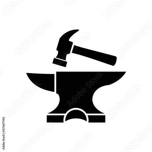 Anvil and Hammer Silhouette Icon Vector for Blacksmith and Metalwork