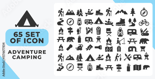 Adventure Camping Icons Set Outdoor Activities, Hiking, Travel Fishing and Camp Equipment Symbols