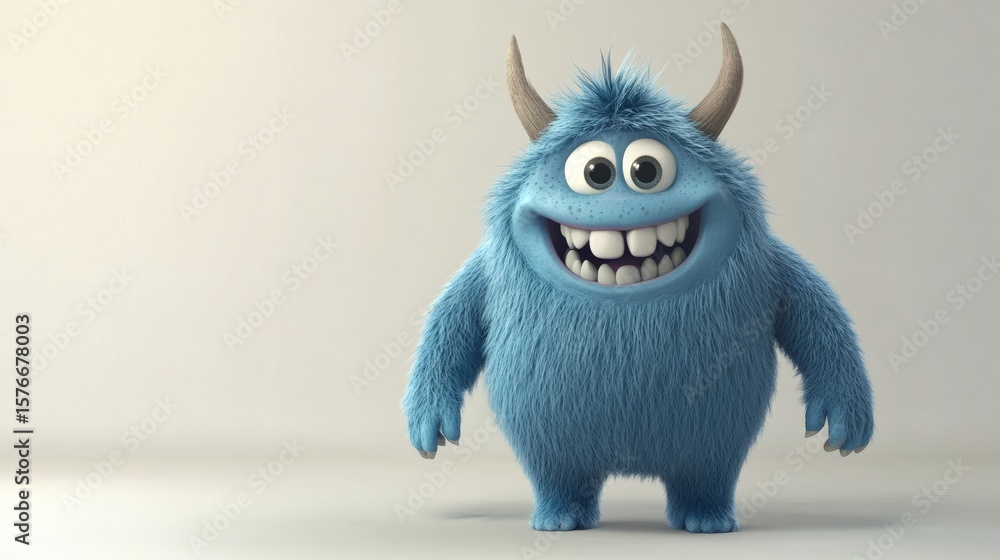 Fototapeta premium A Friendly And Smiling Blue Furry Monster With Horns