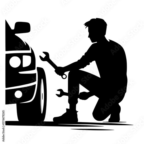 Person changing car tire icon, black silhouette, crouching with wrench, minimal mechanical clipart