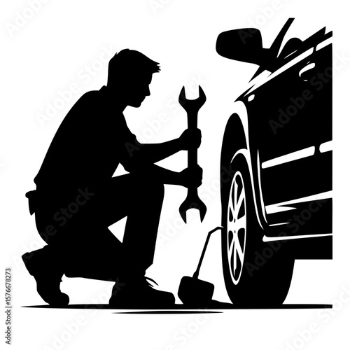 Person changing car tire icon, black silhouette, crouching with wrench, minimal mechanical clipart