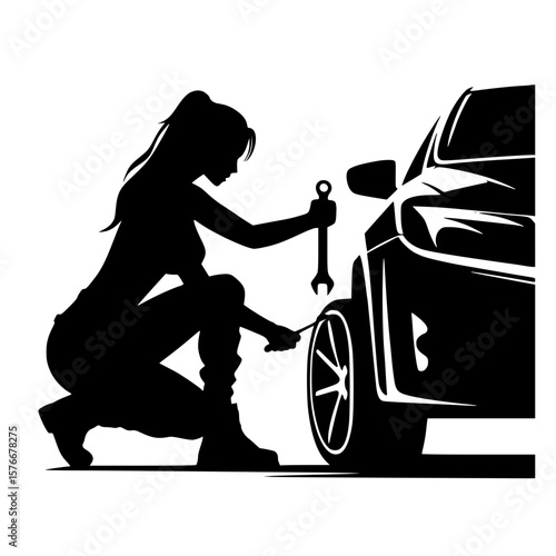 Person changing car tire icon, black silhouette, crouching with wrench, minimal mechanical clipart