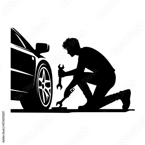 Person changing car tire icon, black silhouette, crouching with wrench, minimal mechanical clipart