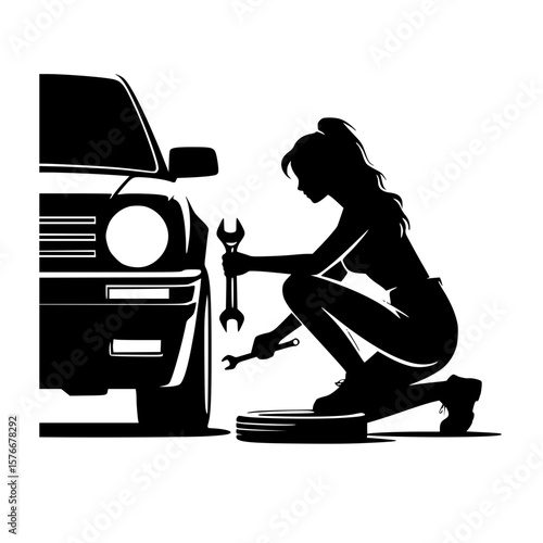 Person changing car tire icon, black silhouette, crouching with wrench, minimal mechanical clipart